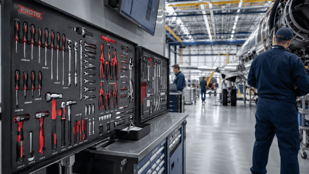 Industrial tool control shadow board system in aerospace maintenance facility