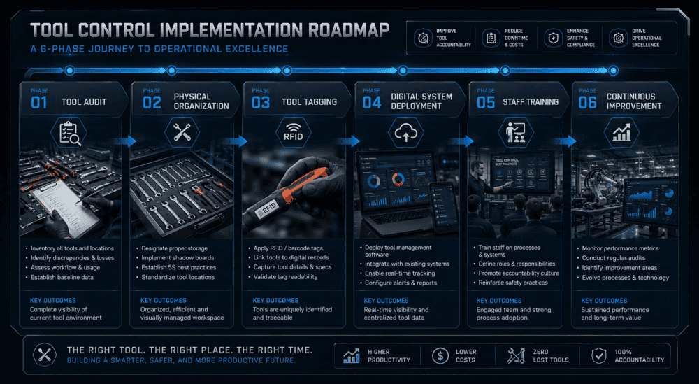 7 IMPLEMENTATION ROADMAP Industrial tool control implementation roadmap infographic
